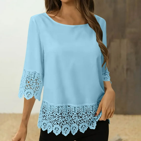 Guieoi Womens Tops Plus Size Women's 3/4 Sleeve Lace Patchwork Crew Neck Solid Color Casual Blue Black*Friday/Cyber*Monday