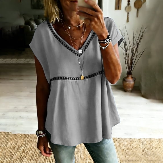 Guieoi Womens Tops Plus Size Women's 3/4 Sleeve Lace Patchwork Crew Neck Solid Color Casual White Black*Friday/Cyber*Monday