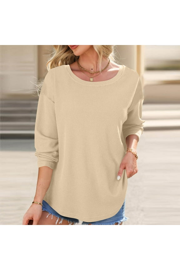 Womens Tops Plus Size Women's Casual Round Neck Sweatshirt Long Sleeve Shirts Fall Pullover Tops Beige Black*Friday/Cyber*Monday