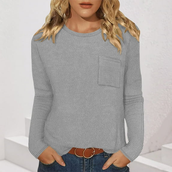 Guieoi Womens Tops Plus Size Women's Casual Solid Color Round-Neck Pocket Fall/Winter Long Sleeve Blouses Shirts Top Gray Black*Friday/Cyber*Monday