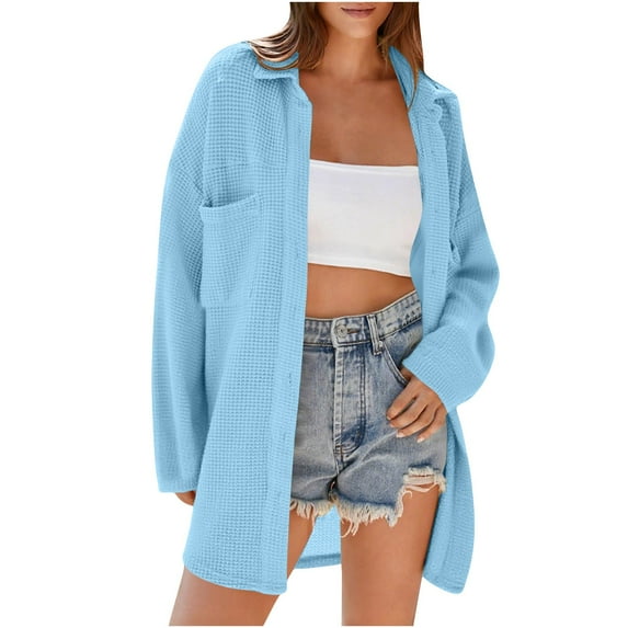 Guieoi Womens Tops Plus Size Women's Drop Shoulder Solid Color Loose Mid-Length Cardigan Top Blue Black*Friday/Cyber*Monday