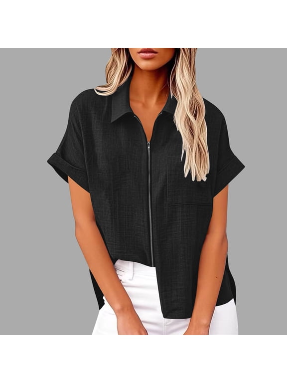Womens Tops Plus Size Women's Lapel Short Sleeve Loose Zipper and Linen Tunic Fall Work Clothes Shirt Blouse Black Black*Friday/Cyber*Monday