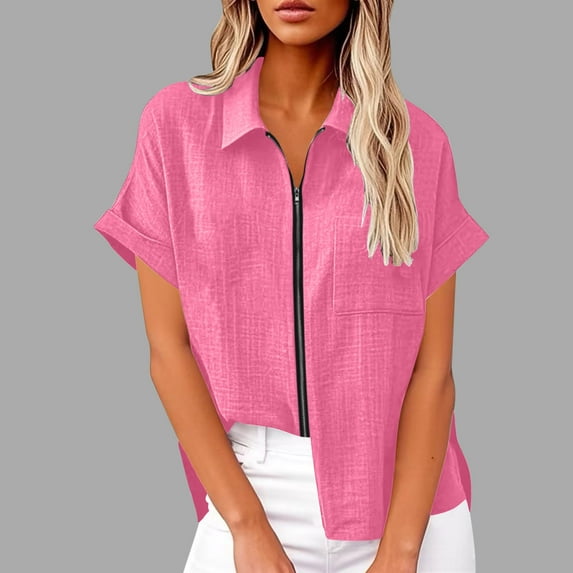 Guieoi Womens Tops Plus Size Women's Lapel Short Sleeve Loose Zipper and Linen Tunic Fall Work Clothes Shirt Blouse Pink Black*Friday/Cyber*Monday