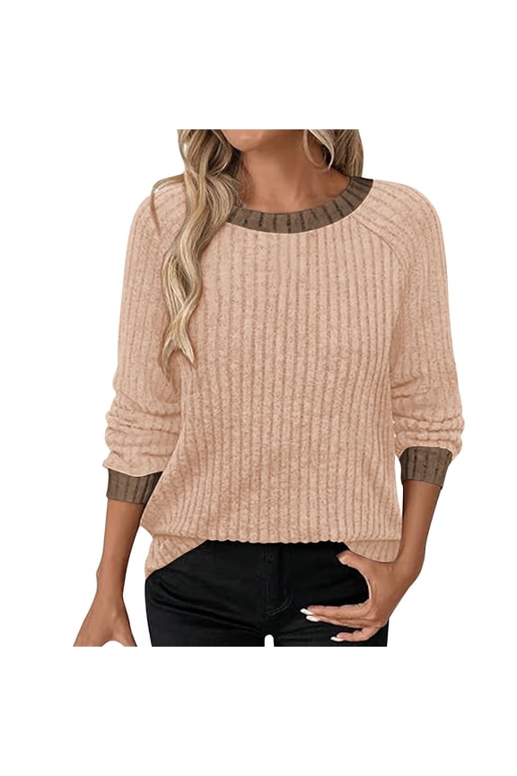 Womens Tops Plus Size Women's Round-Neck Color-blocked Raglan Long Sleeve T-shirt Loose Top Beige Black*Friday/Cyber*Monday