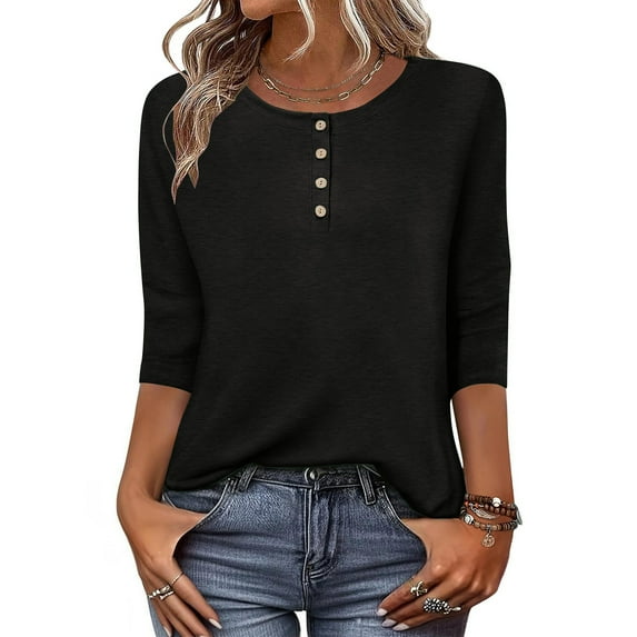 Guieoi Womens Tops Plus Size Women's Solid Color Casual Button Round Neck Three Quarter Sleeve 3/4 Sleeve T-shirt Loose Black Black*Friday/Cyber*Monday