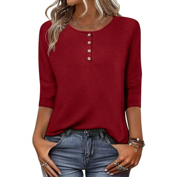 Guieoi Womens Tops Plus Size Women's Solid Color Casual Button Round Neck Three Quarter Sleeve 3/4 Sleeve T-shirt Loose Red Black*Friday/Cyber*Monday