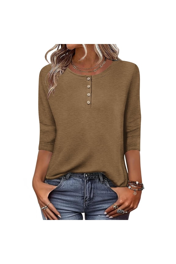 Womens Tops Plus Size Women's Solid Color Casual Button Round Neck Three Quarter Sleeve 3/4 Sleeve T-shirt Loose Top Brown Black*Friday/Cyber*Monday