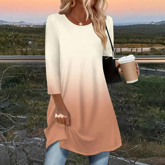 Guieoi Womens Tops Plus Size Women's Trendy 3/4 Sleeve Long Top with Curved Bottom Beige Black*Friday/Cyber*Monday