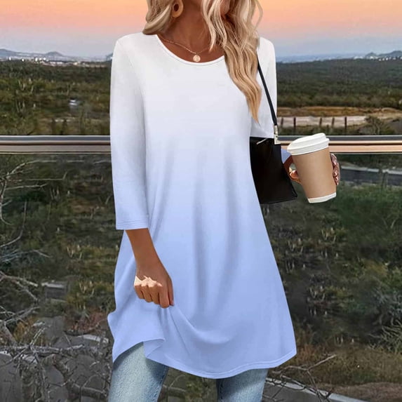 Guieoi Womens Tops Plus Size Women's Trendy 3/4 Sleeve Long Top with Curved Bottom Blue Black*Friday/Cyber*Monday