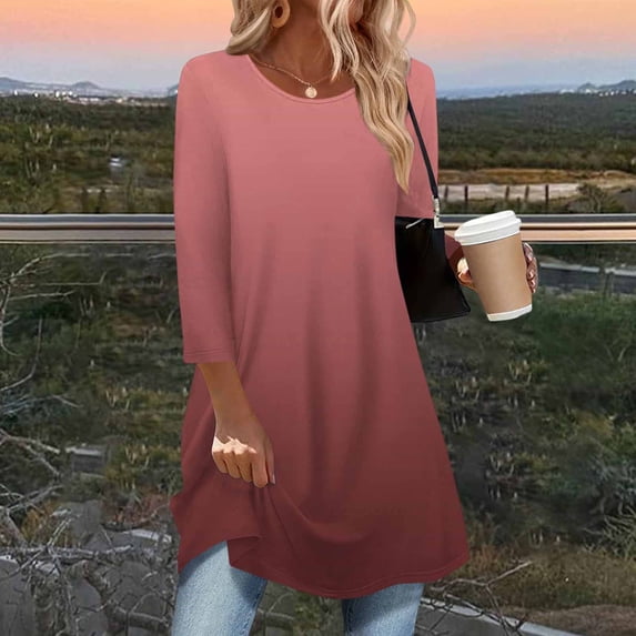Guieoi Womens Tops Plus Size Women's Trendy 3/4 Sleeve Long Top with Curved Bottom Red Black*Friday/Cyber*Monday