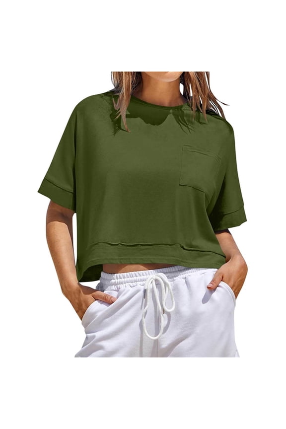 Womens Tops Plus Size Women's Trendy Casual Pullover Short Sleeve Round Neck Button Shirt Blouses Green Black*Friday/Cyber*Monday