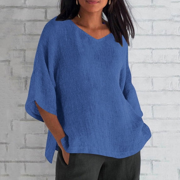 Guieoi Womens Tops Plus Size Women's Trendy Fall V Neck Three-quarter Sleeve Solid Blue