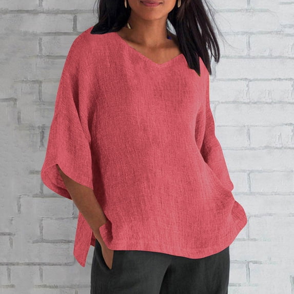 Guieoi Womens Tops Plus Size Women's Trendy Fall V Neck Three-quarter Sleeve Solid Red Black*Friday/Cyber*Monday