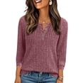 thumbnail image 1 of Guieoi Womens Tops Plus Size Women's Winter Casual Solid Color Round Neck Button Knitted Striped Brushed Loose Sweater Three-Quarter Sleeve Top Pink Black*Friday/Cyber*Monday Clearance, 1 of 6