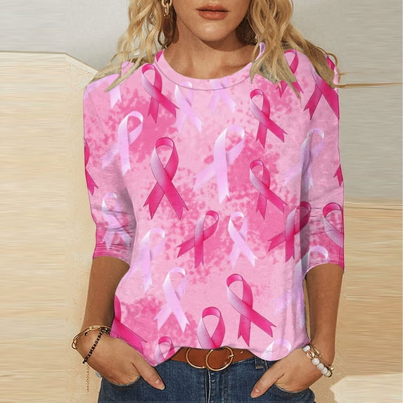 Guieoi Womens Tops Plus Size Womens 2025 Trendy Printed T-shirt 3/4 Sleeves Blouse Round Neck Casual Top Pink Black*Friday/Cyber*Monday