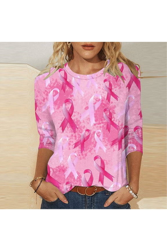 Womens Tops Plus Size Womens 2025 Trendy Printed T-shirt 3/4 Sleeves Blouse Round Neck Casual Top Pink Black*Friday/Cyber*Monday