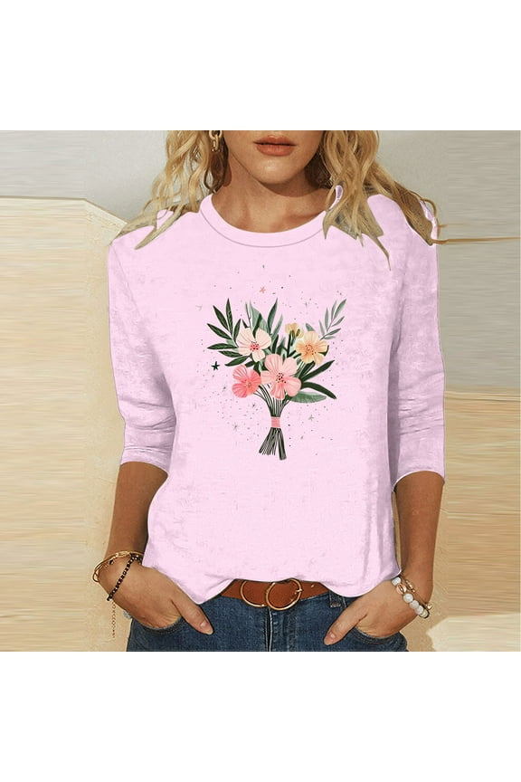 Womens Tops Plus Size Womens 2025 Trendy Printed T-shirt 3/4 Sleeves Blouse Round Neck Casual Top Pink Black*Friday/Cyber*Monday