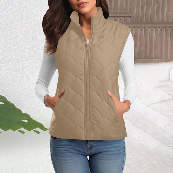 Guieoi Womens Tops Plus Size Womens Ladies Winter Vests Sleeveless Fleece Jacket Zip Up Stand Collar Long Warm Drawstring Coat with Pockets Outerwear Brown Black*Friday/Cyber*Monday Clearance