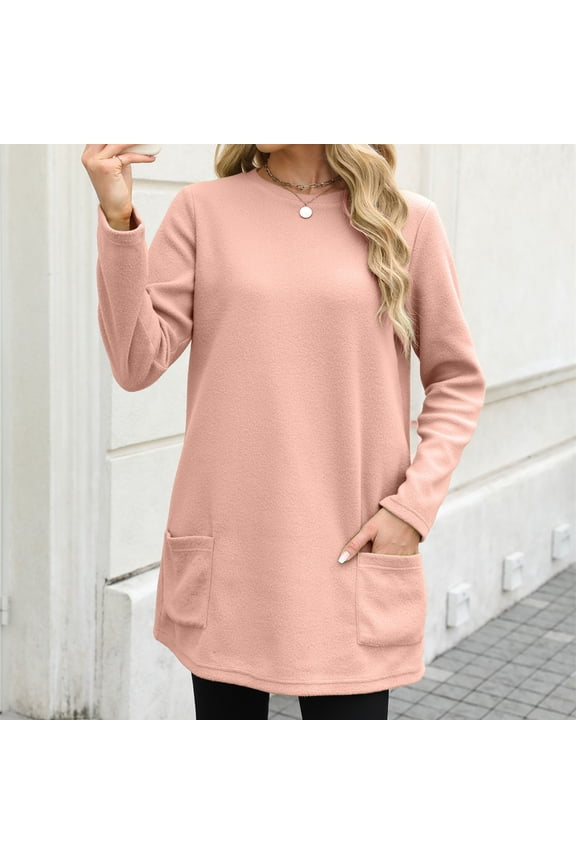 Womens Tops Plus Size Womens Leisure Fall And Winter Round Neck Long Sleeves Pocket Pullover Tops Pink Black*Friday/Cyber*Monday