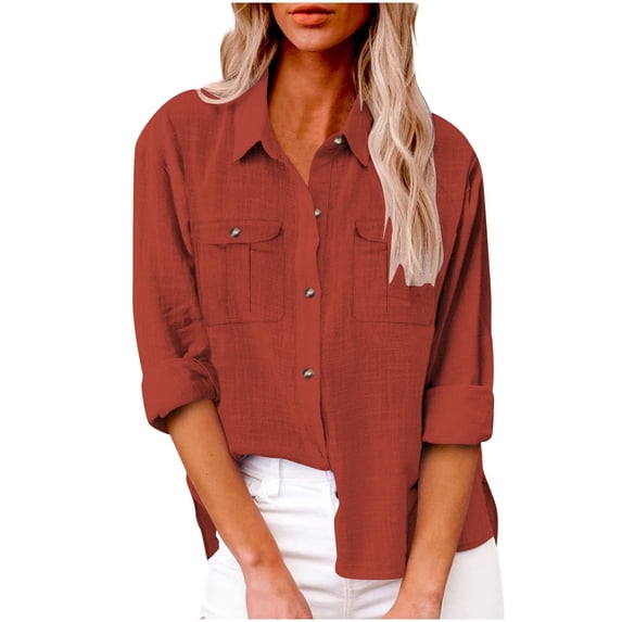 Guieoi Womens Tops Plus Size Womens Solid Color Neck Loose Blouse Long Sleeve Casual Work Tunic with Pocket Red Black*Friday/Cyber*Monday