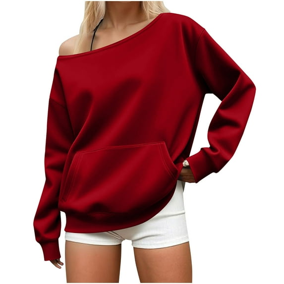 Guieoi Womens Tops Plus Size Womens Solid Color Slanted Shoulder Long Sleeved Sweatshirt Jacket Womens Top Red Black*Friday/Cyber*Monday
