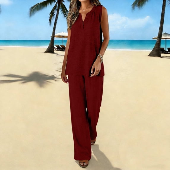 Guieoi Womens Two-Piece Outfit Loungewear Set,Matching Set Solid-Color Cotton-Linen Loose-Fit Casual Wide-Leg Pants and V-Neck Tank Top Set Wine 0 M