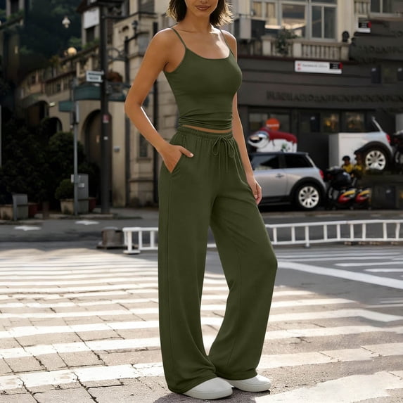 Guieoi Womens Two-Piece Outfit Loungewear Set,Matching Set Solid-Color Round-Neck Strapless Fitted Top and Straight-Leg Pants with Elastic Waist, Drawstring Waist with Pockets Army Green 0 S