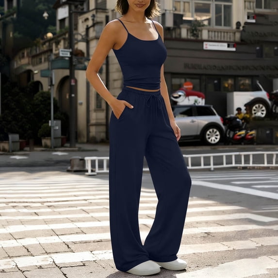 Guieoi Womens Two-Piece Outfit Loungewear Set,Matching Set Solid-Color Round-Neck Strapless Fitted Top and Straight-Leg Pants with Elastic Waist, Drawstring Waist with Pockets Navy 0 XXL