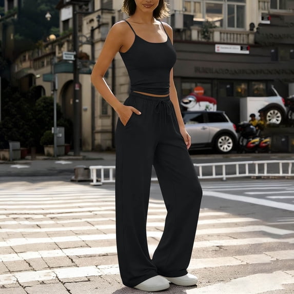 Guieoi Womens Two-Piece Outfit Loungewear Set,Matching Set Solid-Color Round-Neck Strapless Fitted Top and Straight-Leg Pants with Elastic Waist, Drawstring Waist with Pockets Black 0 M