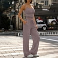 thumbnail image 1 of Guieoi Womens Two-Piece Outfit Loungewear Set,Matching Set Solid-Color Round-Neck Strapless Fitted Top and Straight-Leg Pants with Elastic Waist, Drawstring Waist with Pockets Purple 0 XL, 1 of 6