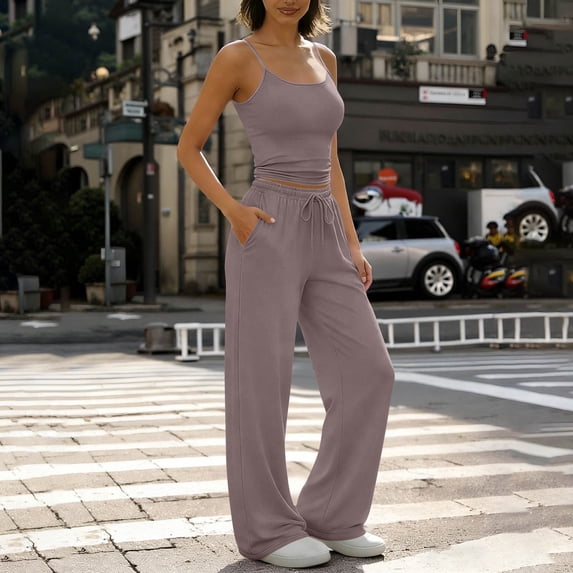Guieoi Womens Two-Piece Outfit Loungewear Set,Matching Set Solid-Color Round-Neck Strapless Fitted Top and Straight-Leg Pants with Elastic Waist, Drawstring Waist with Pockets Purple 0 XL