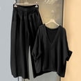 thumbnail image 1 of Guieoi Womens Two-Piece Outfit Loungewear Set,Matching Set Solid-Color V-Neck Top and Wide-Leg Pants Cotton-Linen Set Black 0 XXL, 1 of 6
