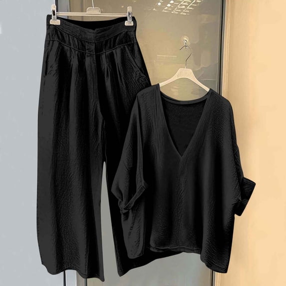 Guieoi Womens Two-Piece Outfit Loungewear Set,Matching Set Solid-Color V-Neck Top and Wide-Leg Pants Cotton-Linen Set Black 0 XXL