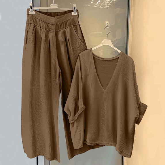 Guieoi Womens Two-Piece Outfit Loungewear Set,Matching Set Solid-Color V-Neck Top and Wide-Leg Pants Cotton-Linen Set Brown 0 M