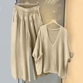 thumbnail image 1 of Guieoi Womens Two-Piece Outfit Loungewear Set,Matching Set Solid-Color V-Neck Top and Wide-Leg Pants Cotton-Linen Set Khaki 0 XXL, 1 of 6