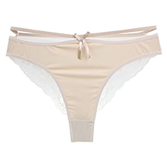 Guieoi Womens Underpant Plus Size Underwear Stretchy Soft Breathable Panties French-Style High-Cut Satin Lace Lightweight Bow-Adorned Openwork Low-Waisted Briefs Beige L