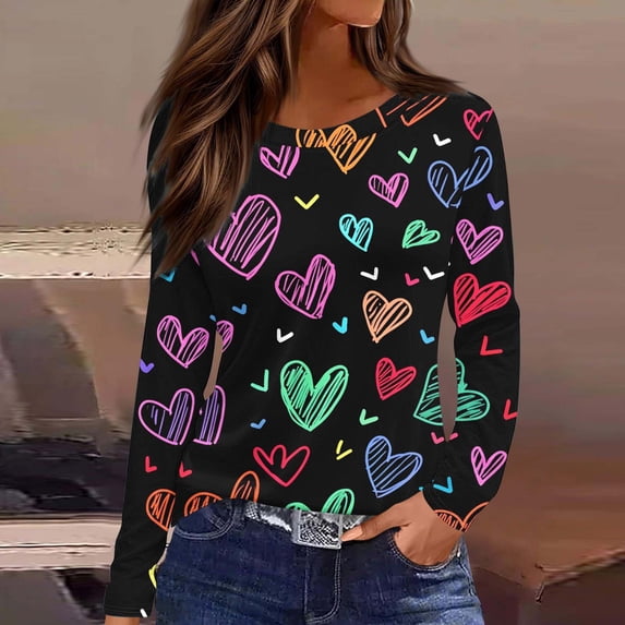 Guieoi Womens Valentines Plus Size Tops Love Heart Graphic Valentine's Day Womens Graphic Tee Long Sleeve Cute Hearts Shirt Tops Black S