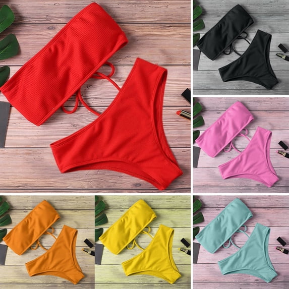 Guiexla 1 Set Women Beach Suit with Chest Pad No Underwire Solid Color Elastic High Waist Bathing Two-piece Set Bandeau Swimming Trunks Split Bikini Set Beachwear