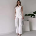thumbnail image 1 of Guiexla 2 Pcs/Set Women Coat Pants Set V Neck Lace-up Slim Waist Mid Length Cardigan Sleeveless Jacket Wide Leg High Waist Straight Trousers Lady Formal Commute Outfit, 1 of 7