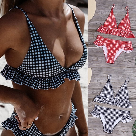 Guiexla 2Pcs/Set Split Bikini Plaid Ruffles Two-piece Slim-fitting Off Shoulder Swimwear for Vacation