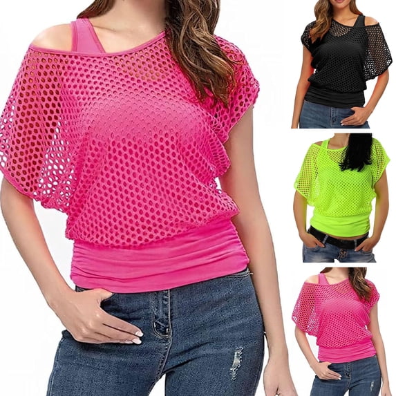 Guiexla 2Pcs/Set Vest Cover Up Set Solid Color Off Shoulder Fishnet Short Sleeve Cover Up O-Neck Sleeveless Vest Set