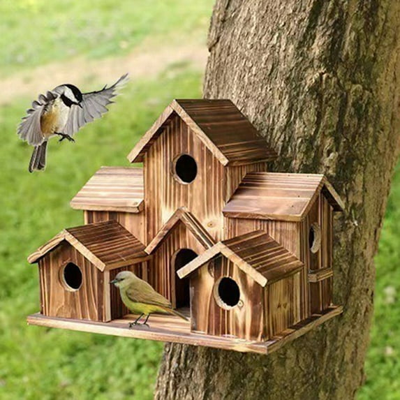 Guiexla Bird Houses for Outside Wooden Hummingbird Nest Bird Feeder Outdoor Large Birdhouse with 6 Rooms for Garden Courtyard Decor