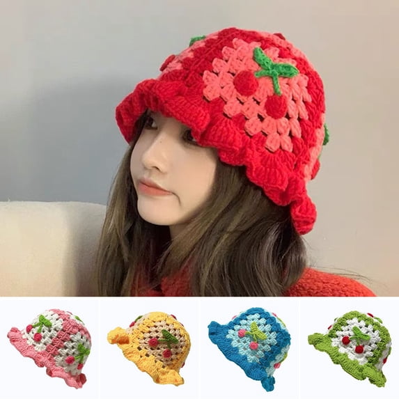 Guiexla Cherry Crochet Bucket Hat Women Spring Autumn Handmade Knitted Cute Beanies Cap Vacation Traveling Beach Hat