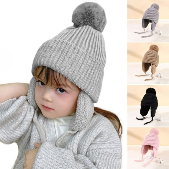 Guiexla Children Winter Hat Thick Solid Color Head Ear Plush Ball Decor Lace Up Windproof Elastic Cold Resistant Unisex Baby Cap Beanie Winter Accessories