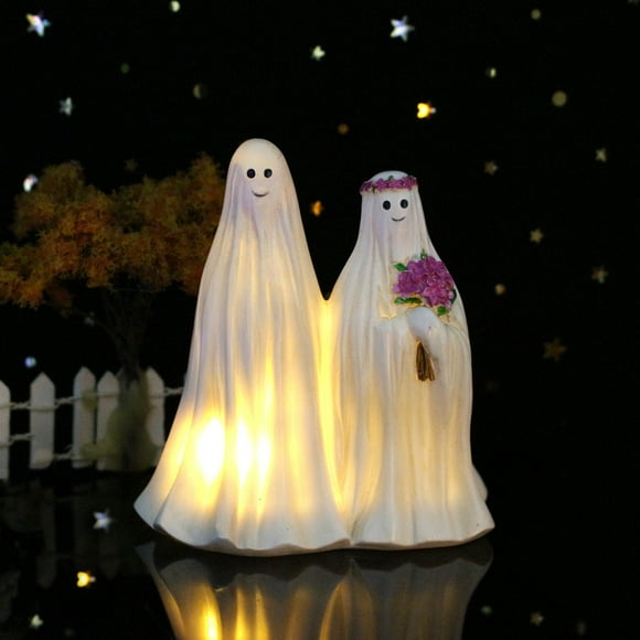 Guiexla Ghost Bride Groom Figurine Halloween White Ghost Mold Resin Happy Halloween Ghost Statue Halloween Decoration