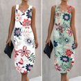 thumbnail image 1 of Guiexla Lady Summer Dress V Neck Drawstring Slim Waist Floral Print Sleeveless Split Hem Vest Type Sundress Knee Length Midi Dress, 1 of 7