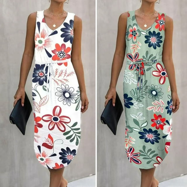 Guiexla Lady Summer Dress V Neck Drawstring Slim Waist Floral Print Sleeveless Split Hem Vest Type Sundress Knee Length Midi Dress