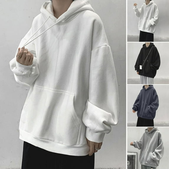 Guiexla Men Fall Winter Hoodie Drawstring Pure Color Elastic Cuff Thick Plus Size Big Patch Pocket Hooded Loose Keep Warm Mid Length Sport Couple Top
