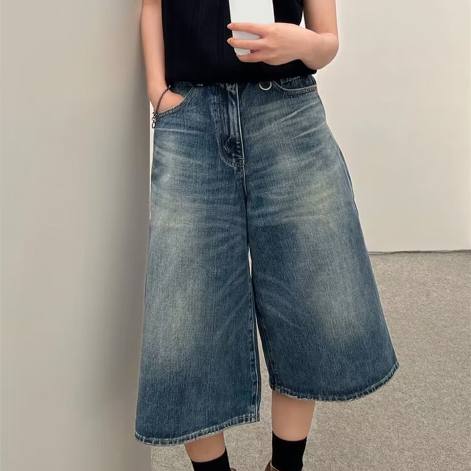 Guiexla Men Women Denim Shorts Mid-rise Button Zipper Fly Wide Leg