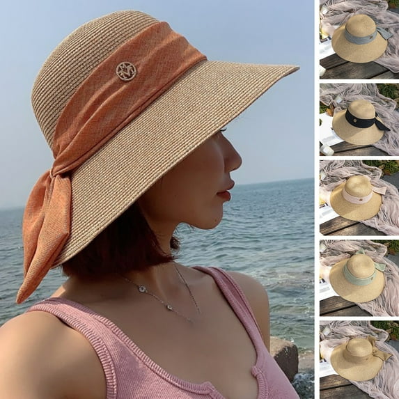 Guiexla Ribbon Bowknot Decor Sun Hat Round Dome Folding Thin Anti-UV Women Big Brim Sunscreen Straw Hat Fashion Accessories